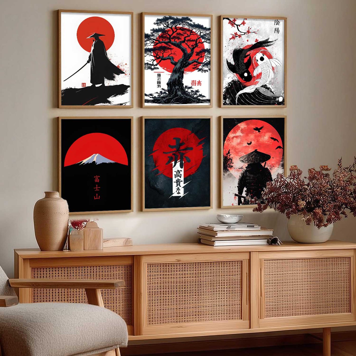 Samurai Japanese Aesthetic Wall Art Paintings with Frame for Living Room Bedroom
