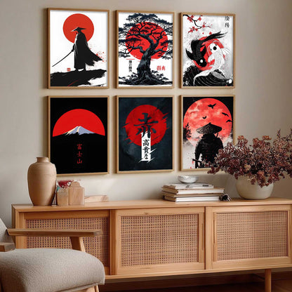 Samurai Japanese Aesthetic Wall Art Paintings with Frame for Living Room Bedroom