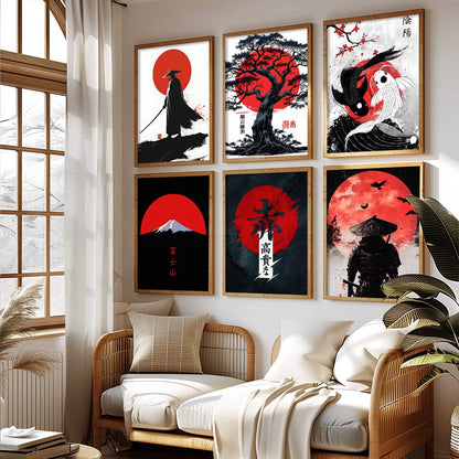 Samurai Japanese Aesthetic Wall Art Paintings with Frame for Living Room Bedroom