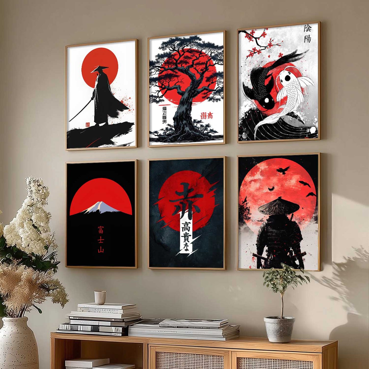 Samurai Japanese Aesthetic Wall Art Paintings with Frame for Living Room Bedroom