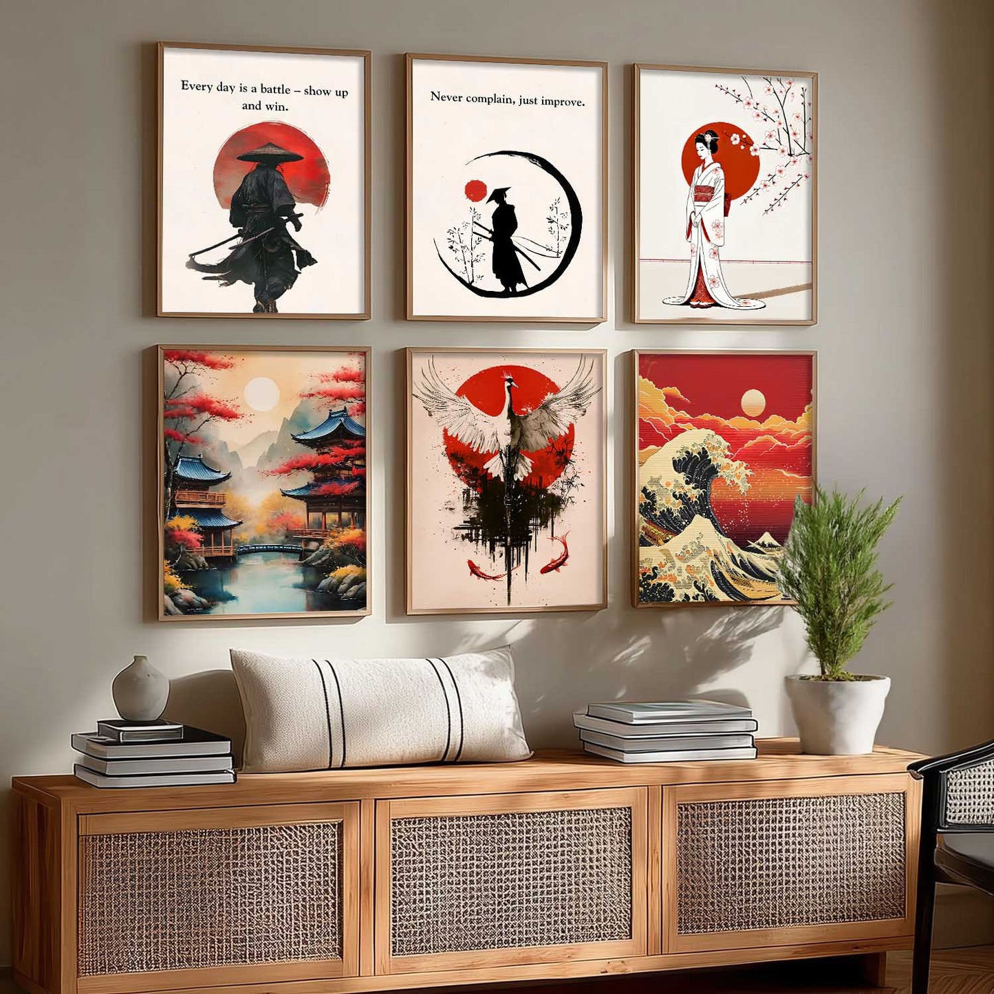 Japanese Samurai Motivational Wall Art Paintings with Frame for Living Room Bedroom