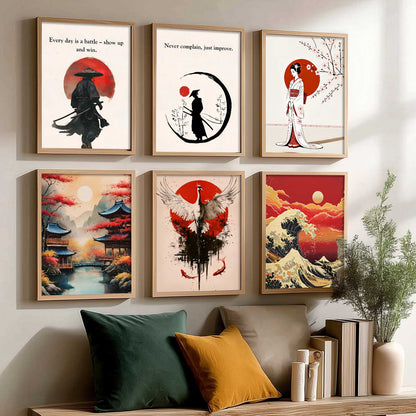 Japanese Samurai Motivational Wall Art Paintings with Frame for Living Room Bedroom