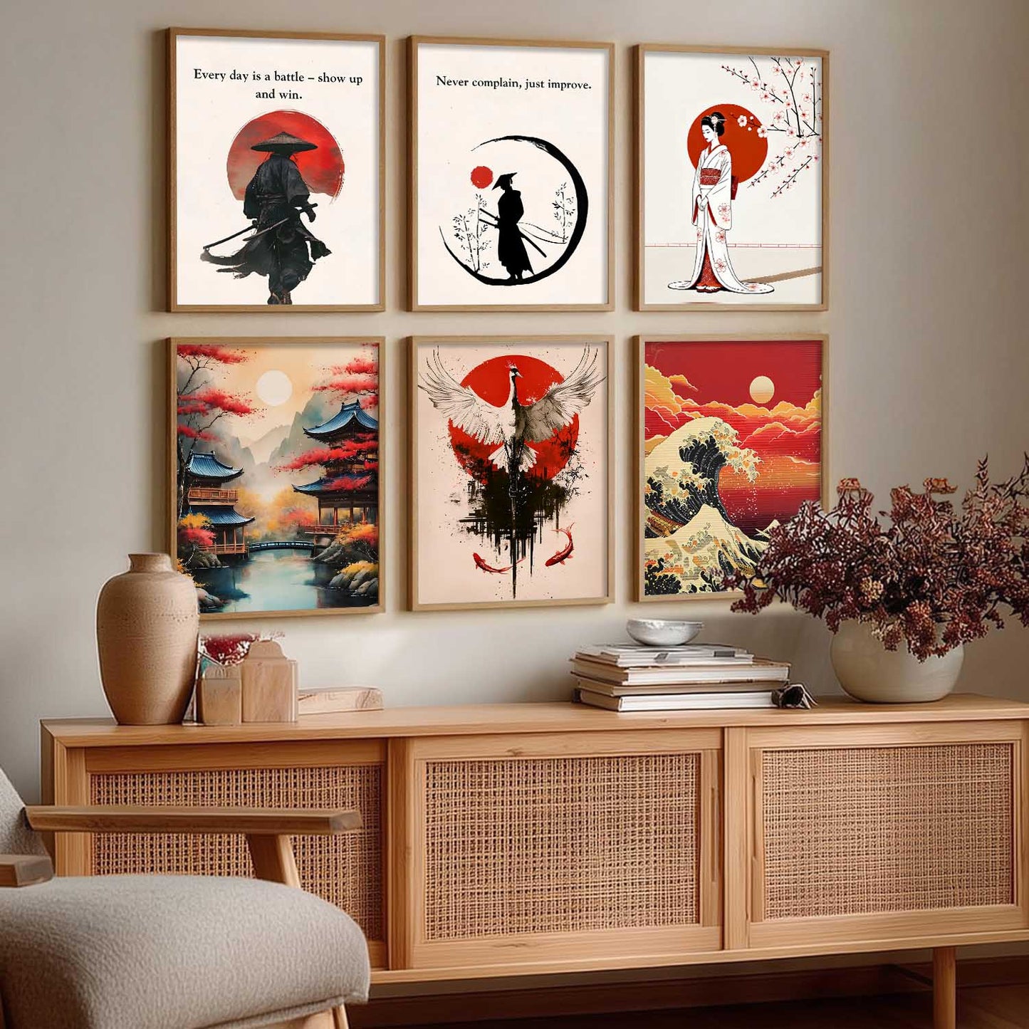 Japanese Samurai Motivational Wall Art Paintings with Frame for Living Room Bedroom