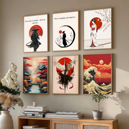 Japanese Samurai Motivational Wall Art Paintings with Frame for Living Room Bedroom