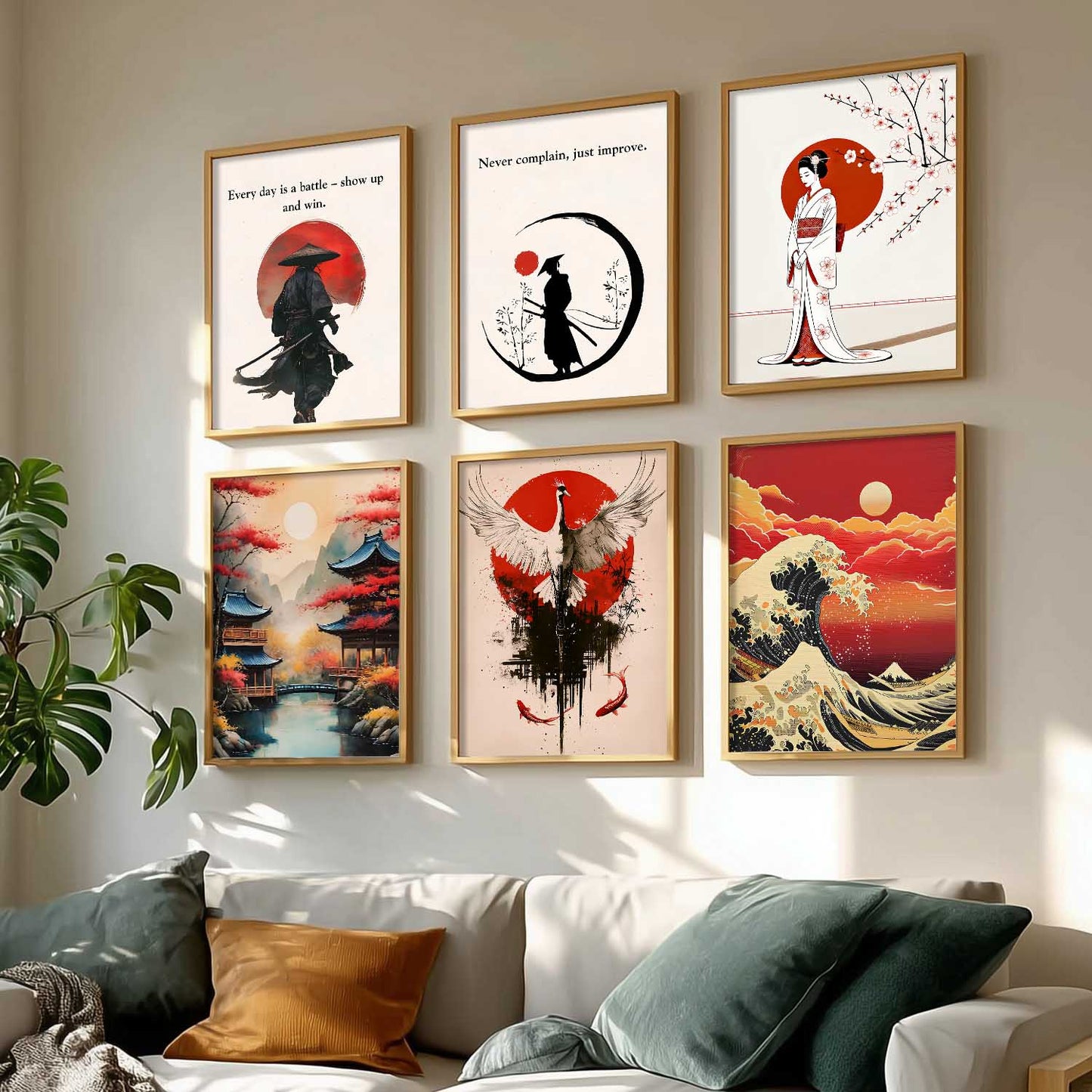 Japanese Samurai Motivational Wall Art Paintings with Frame for Living Room Bedroom
