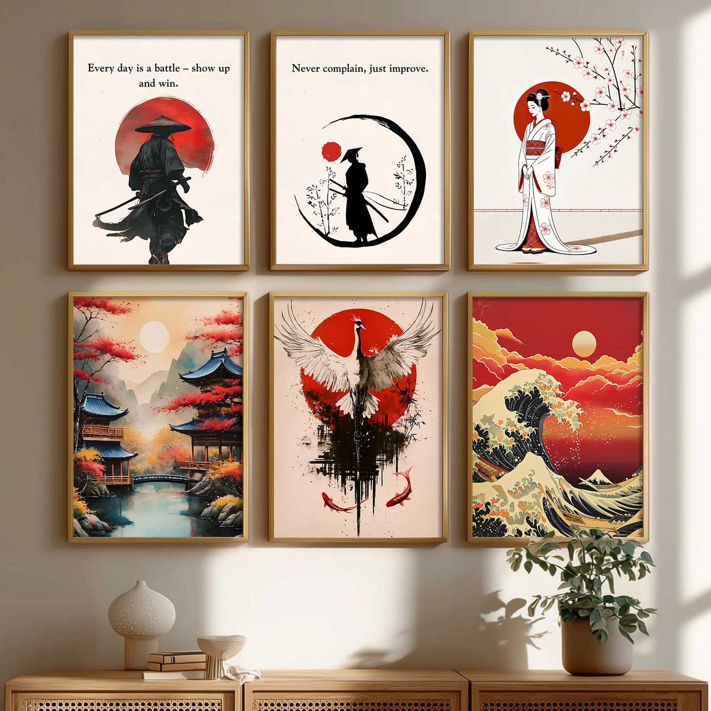 Japanese Samurai Motivational Wall Art Paintings with Frame for Living Room Bedroom