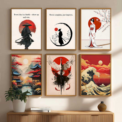 Japanese Samurai Motivational Wall Art Paintings with Frame for Living Room Bedroom
