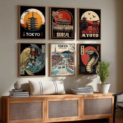 Japanese Nature and City View Wall Art Paintings with Frame for Living Room Bedroom