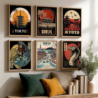 Japanese Nature and City View Wall Art Paintings with Frame for Living Room Bedroom