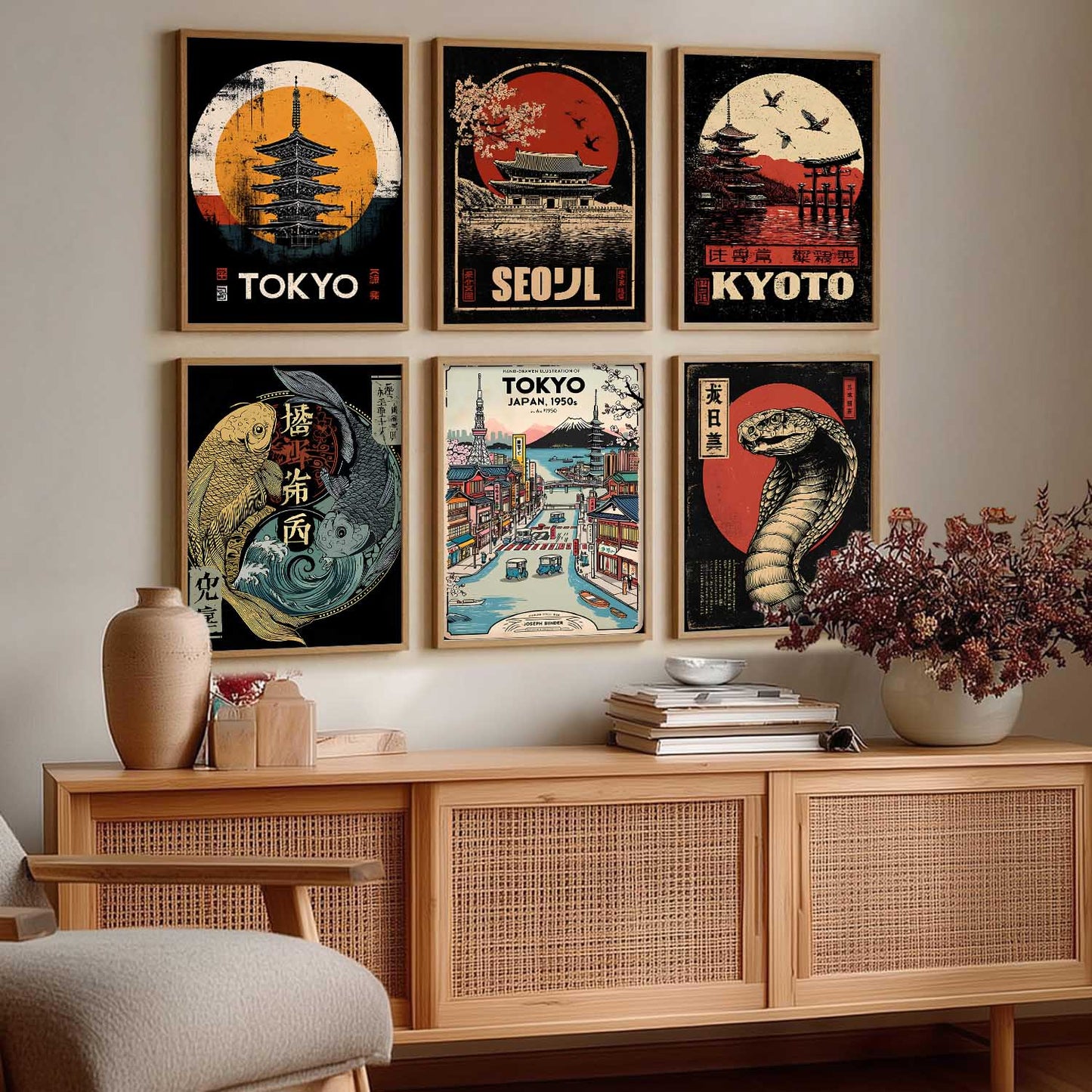 Japanese Nature and City View Wall Art Paintings with Frame for Living Room Bedroom