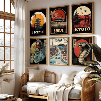 Japanese Nature and City View Wall Art Paintings with Frame for Living Room Bedroom