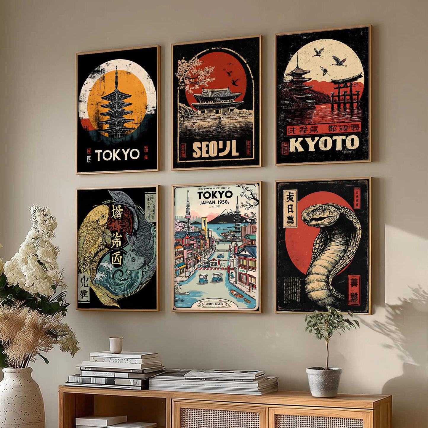 Japanese Nature and City View Wall Art Paintings with Frame for Living Room Bedroom