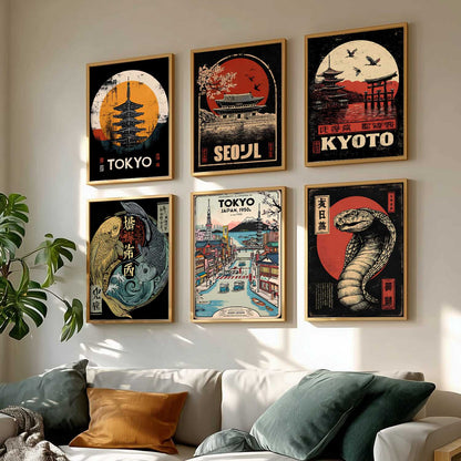 Japanese Nature and City View Wall Art Paintings with Frame for Living Room Bedroom