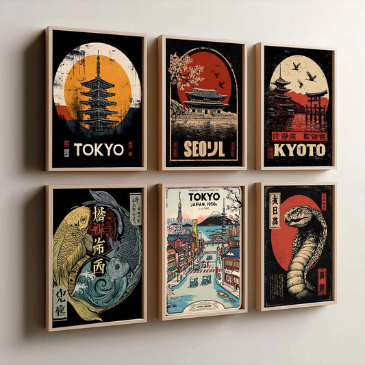 Japanese Nature and City View Wall Art Paintings with Frame for Living Room Bedroom