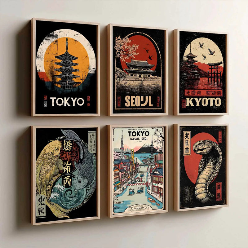 Japanese Nature and City View Wall Art Paintings with Frame for Living Room Bedroom