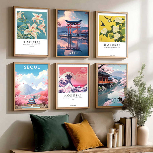 Japanese City View Wall Art Paintings with Frame for Living Room Bedroom