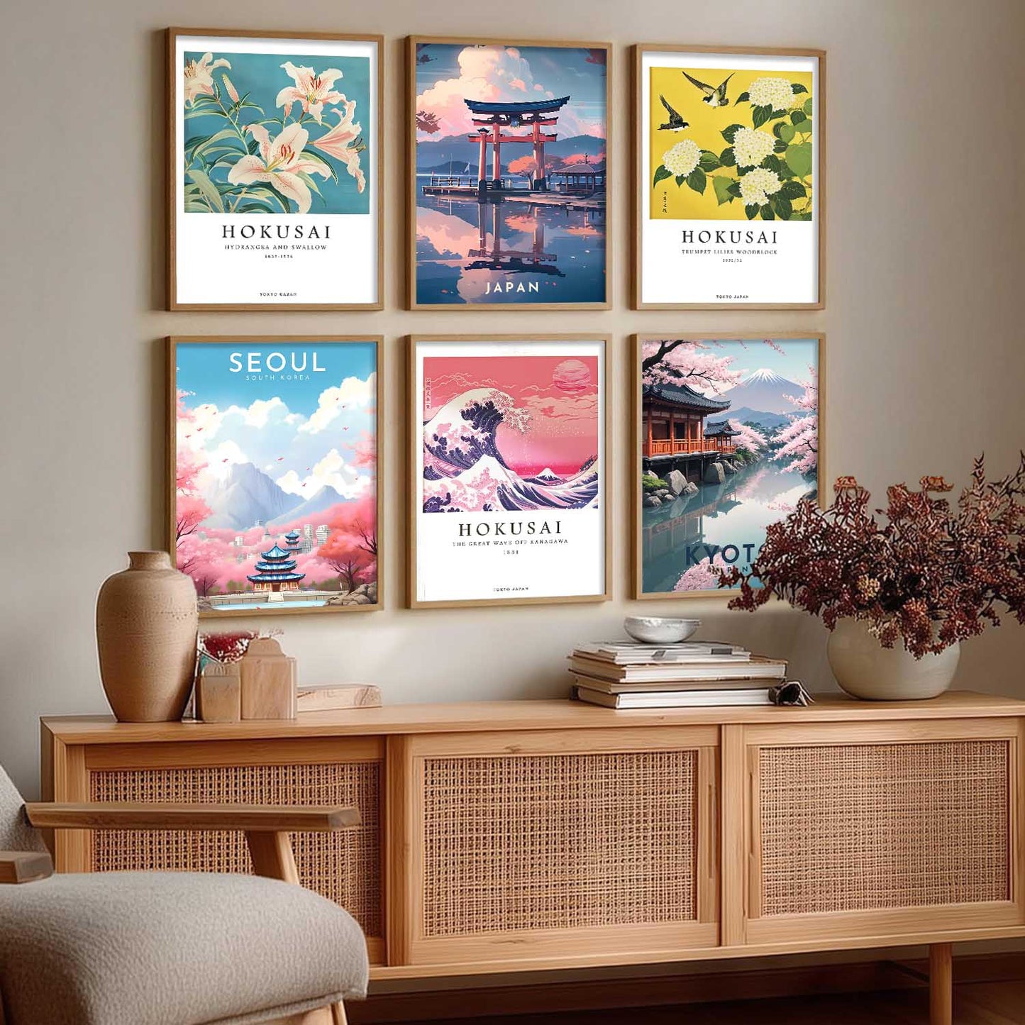 Japanese City View Wall Art Paintings with Frame for Living Room Bedroom