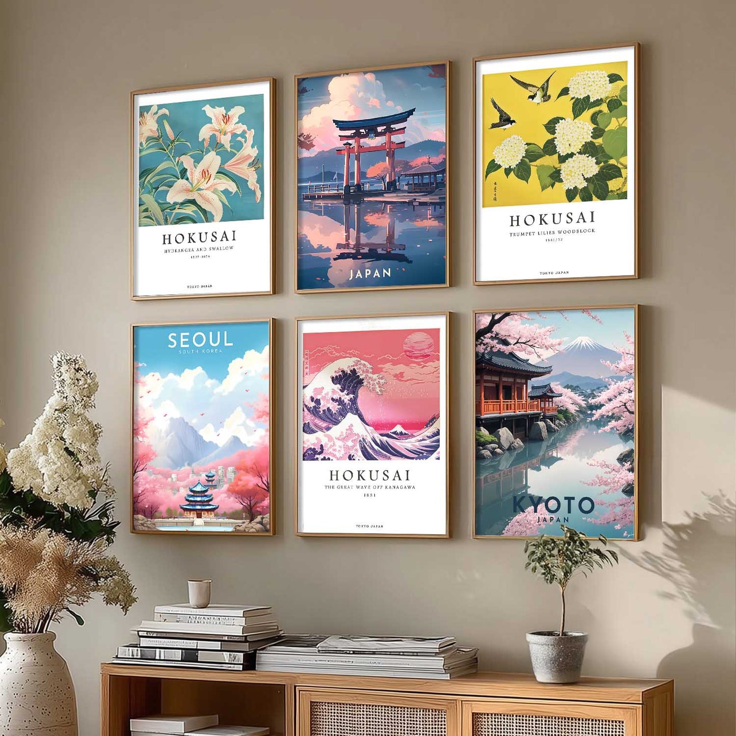 Japanese City View Wall Art Paintings with Frame for Living Room Bedroom
