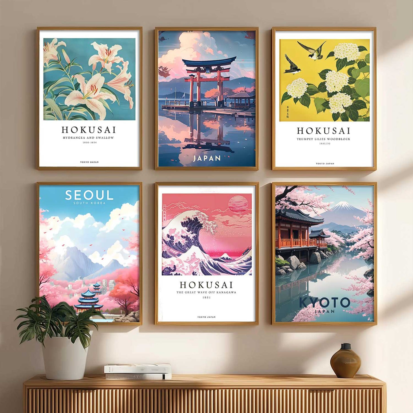 Japanese City View Wall Art Paintings with Frame for Living Room Bedroom