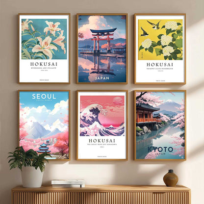 Japanese City View Wall Art Paintings with Frame for Living Room Bedroom