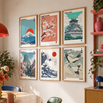 Japanese Nature Art and City View Aesthetic Wall Art Paintings with Frame for Living Room Bedroom