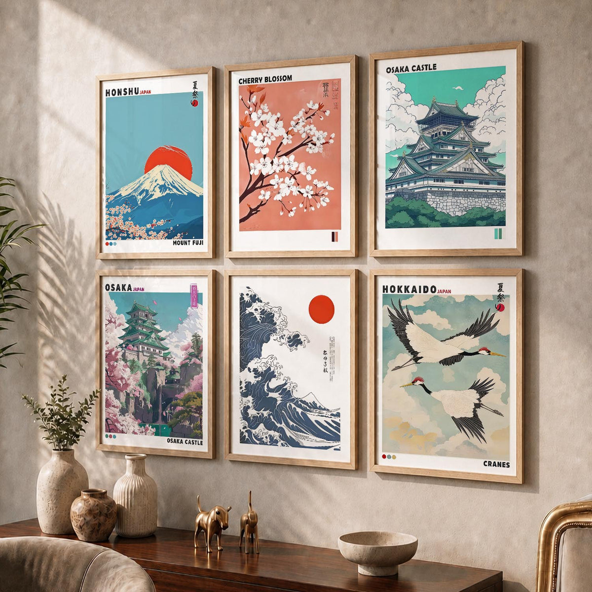 Japanese Nature Art and City View Aesthetic Wall Art Paintings with Frame for Living Room Bedroom