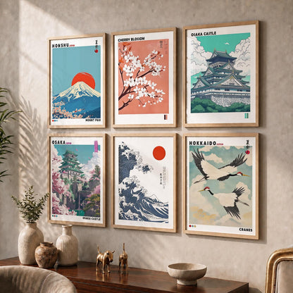 Japanese Nature Art and City View Aesthetic Wall Art Paintings with Frame for Living Room Bedroom