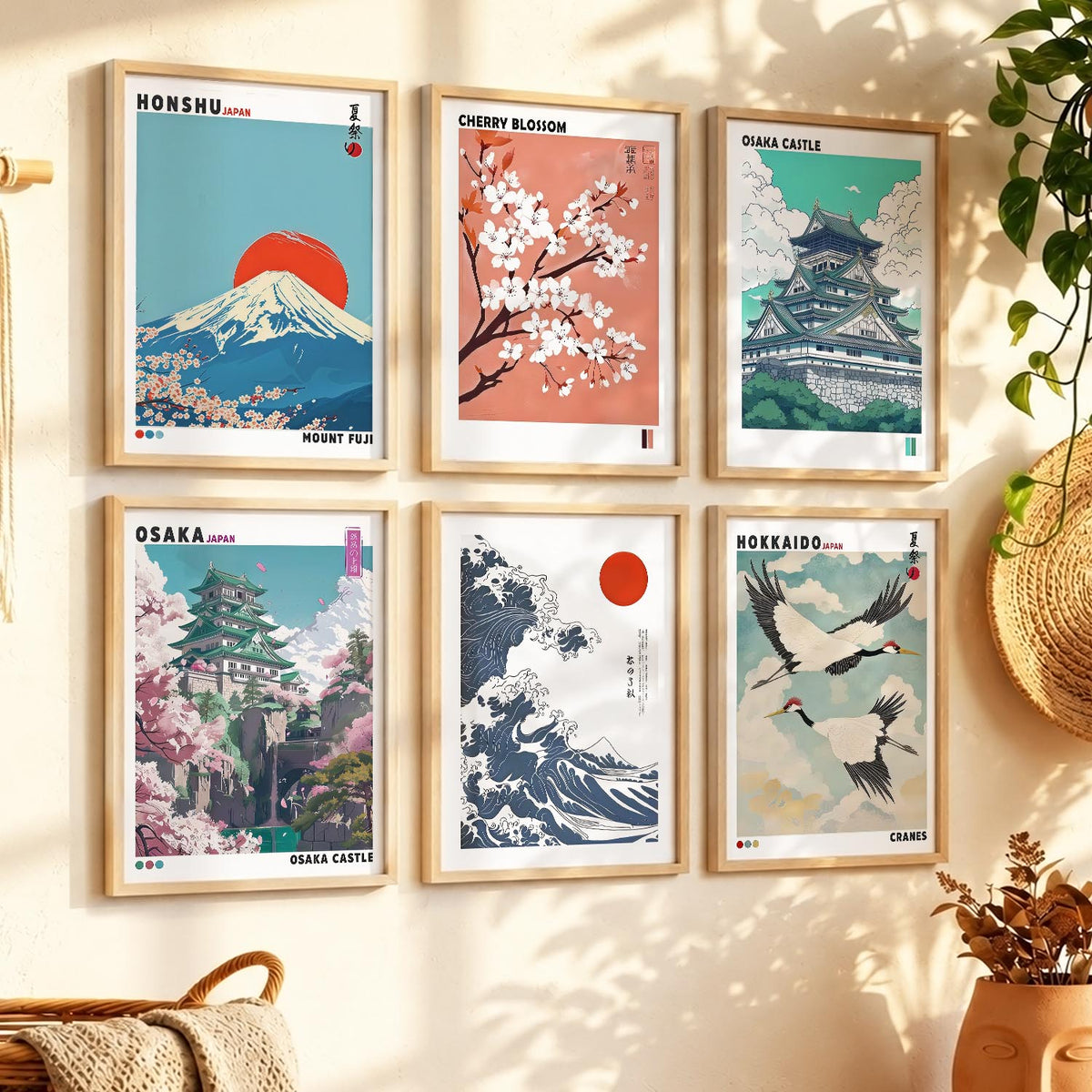 Japanese Nature Art and City View Aesthetic Wall Art Paintings with Frame for Living Room Bedroom