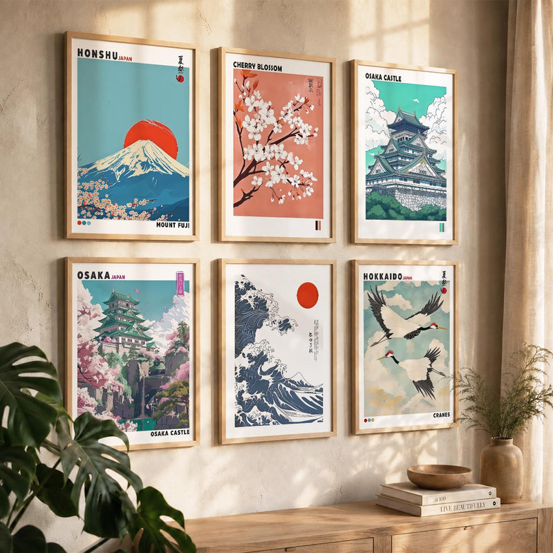 Japanese Nature Art and City View Aesthetic Wall Art Paintings with Frame for Living Room Bedroom