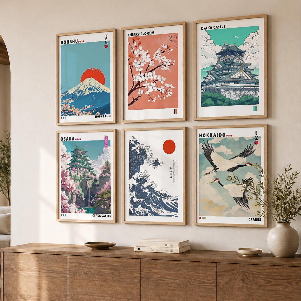 Japanese Nature Art and City View Aesthetic Wall Art Paintings with Frame for Living Room Bedroom