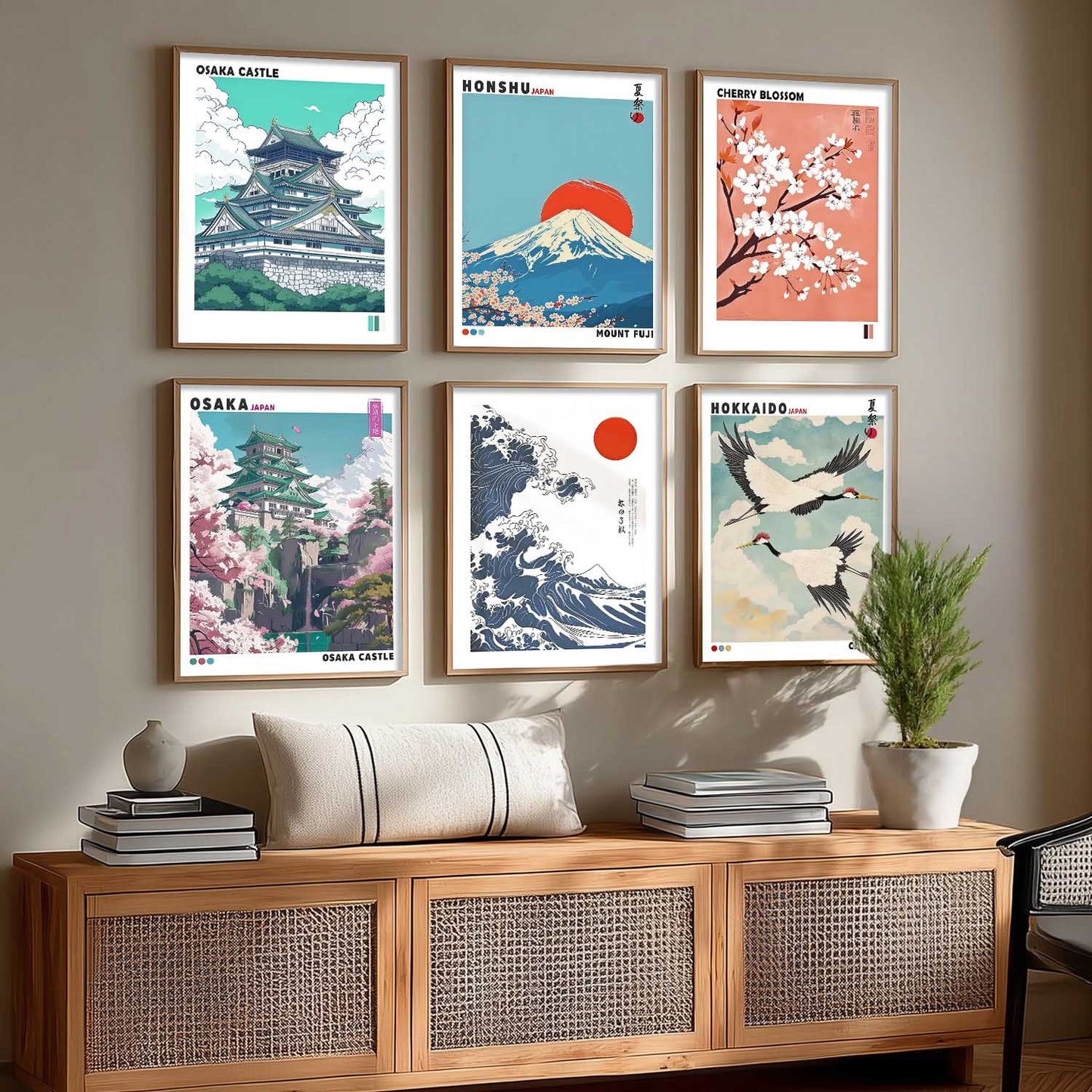 Japanese Nature Art and City View Aesthetic Wall Art Paintings with Frame for Living Room Bedroom