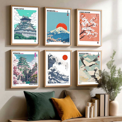 Japanese Nature Art and City View Aesthetic Wall Art Paintings with Frame for Living Room Bedroom