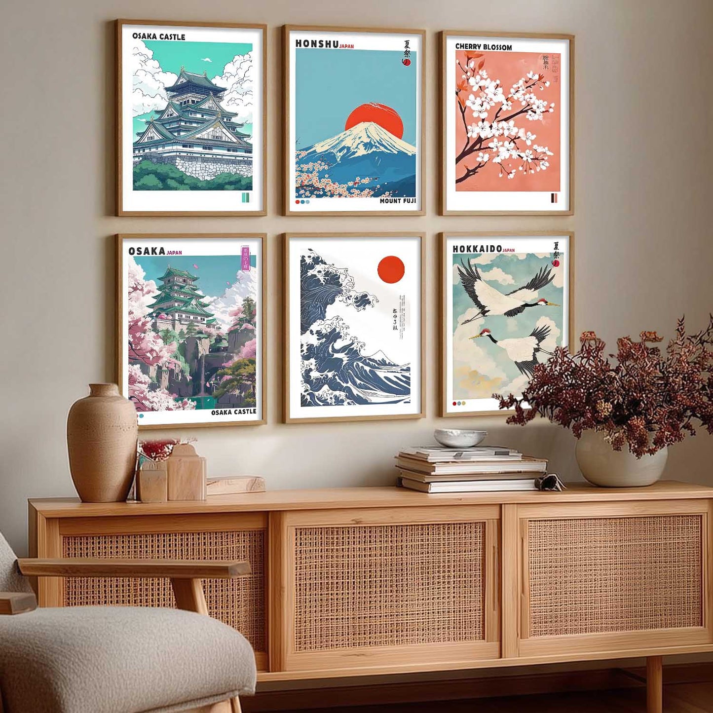 Japanese Nature Art and City View Aesthetic Wall Art Paintings with Frame for Living Room Bedroom