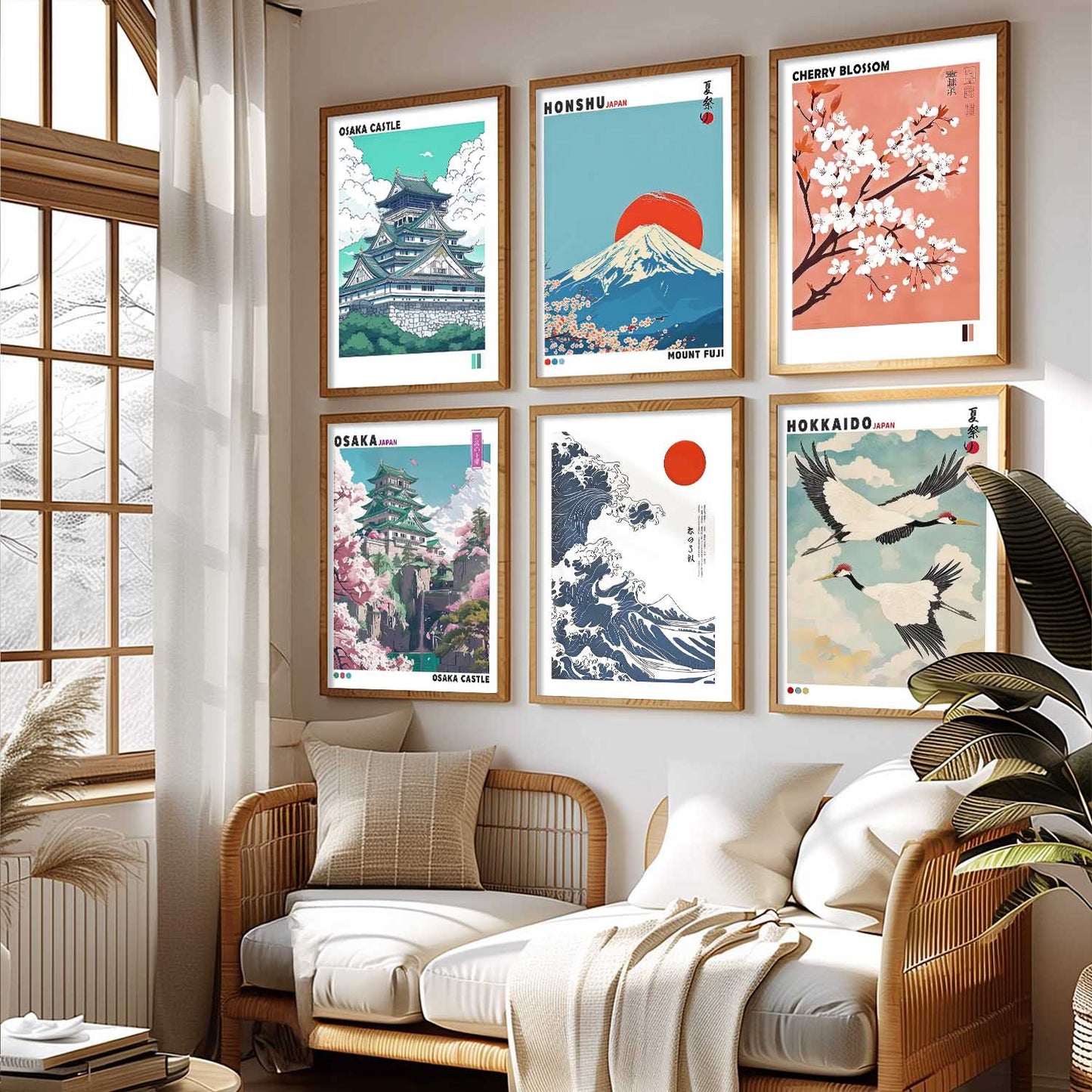 Japanese Nature Art and City View Aesthetic Wall Art Paintings with Frame for Living Room Bedroom