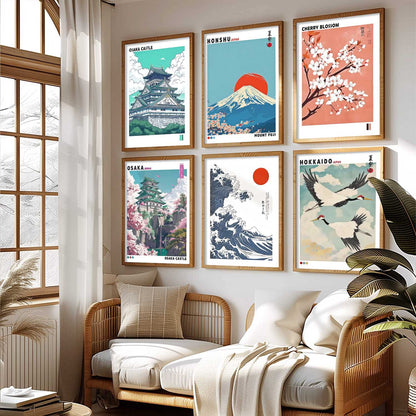 Japanese Nature Art and City View Aesthetic Wall Art Paintings with Frame for Living Room Bedroom