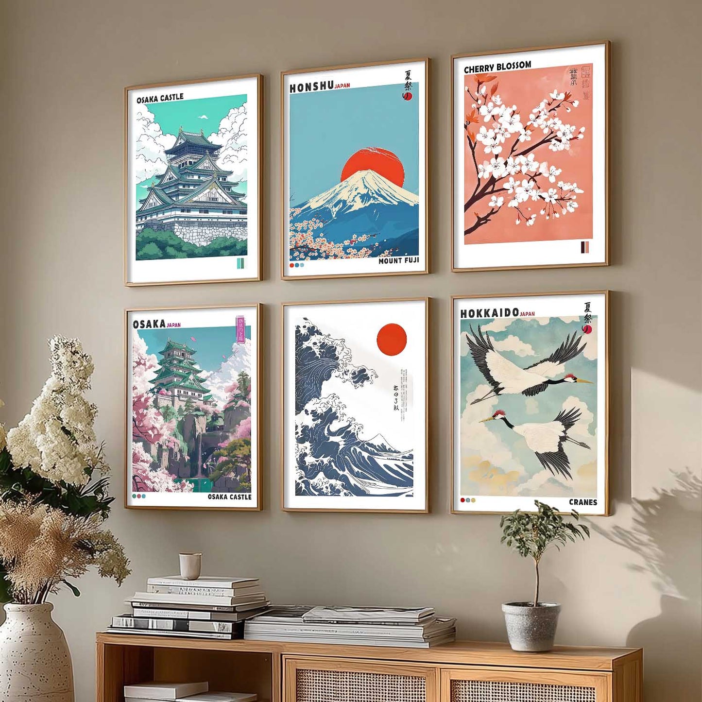 Japanese Nature Art and City View Aesthetic Wall Art Paintings with Frame for Living Room Bedroom