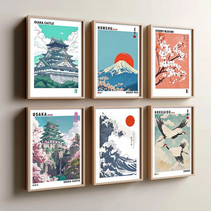 Japanese Nature Art and City View Aesthetic Wall Art Paintings with Frame for Living Room Bedroom