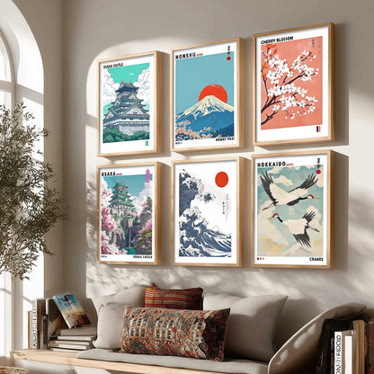 Japanese Nature Art and City View Aesthetic Wall Art Paintings with Frame for Living Room Bedroom