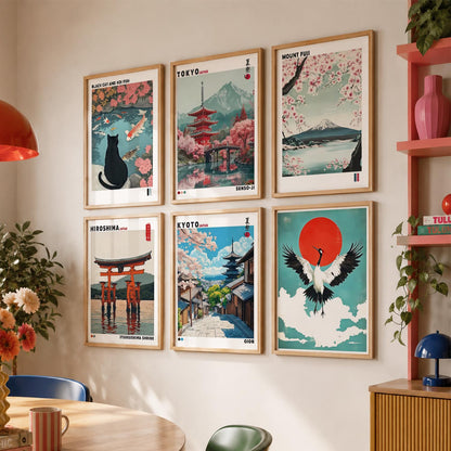 Japanese Nature Art and City View Aesthetic Wall Art Paintings with Frame for Living Room Bedroom