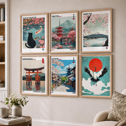 Japanese Nature Art and City View Aesthetic Wall Art Paintings with Frame for Living Room Bedroom