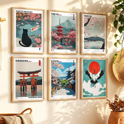 Japanese Nature Art and City View Aesthetic Wall Art Paintings with Frame for Living Room Bedroom