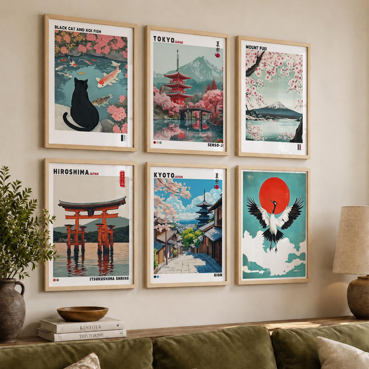 Japanese Nature Art and City View Aesthetic Wall Art Paintings with Frame for Living Room Bedroom