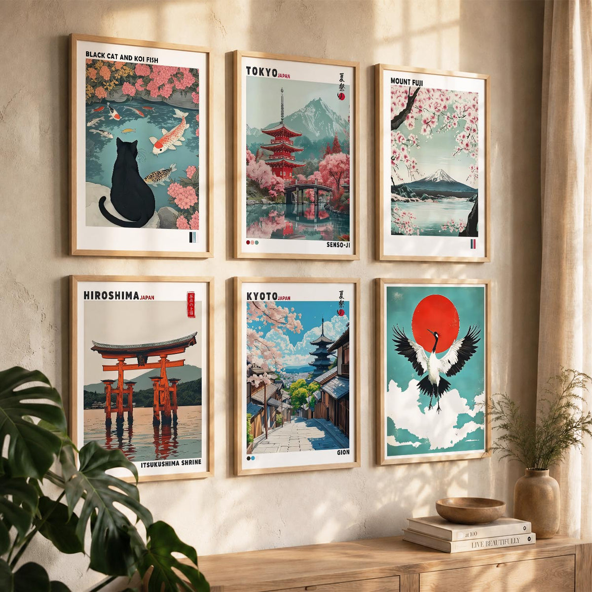 Japanese Nature Art and City View Aesthetic Wall Art Paintings with Frame for Living Room Bedroom