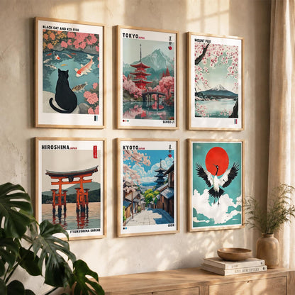 Japanese Nature Art and City View Aesthetic Wall Art Paintings with Frame for Living Room Bedroom