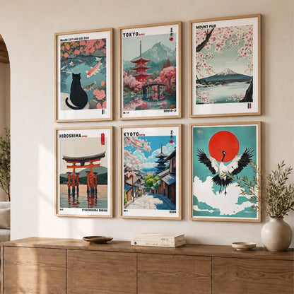 Japanese Nature Art and City View Aesthetic Wall Art Paintings with Frame for Living Room Bedroom