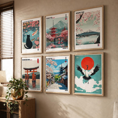 Japanese Nature Art and City View Aesthetic Wall Art Paintings with Frame for Living Room Bedroom