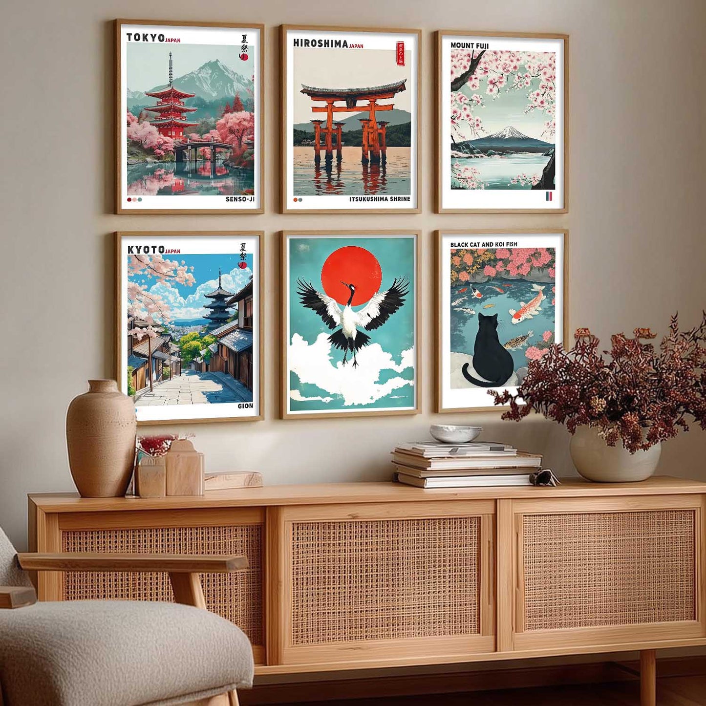 Japanese Nature Art and City View Aesthetic Wall Art Paintings with Frame for Living Room Bedroom