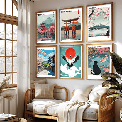 Japanese Nature Art and City View Aesthetic Wall Art Paintings with Frame for Living Room Bedroom