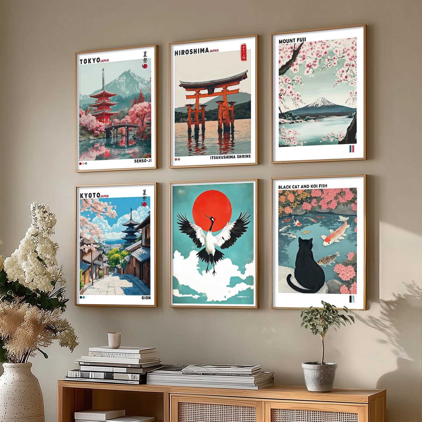 Japanese Nature Art and City View Aesthetic Wall Art Paintings with Frame for Living Room Bedroom