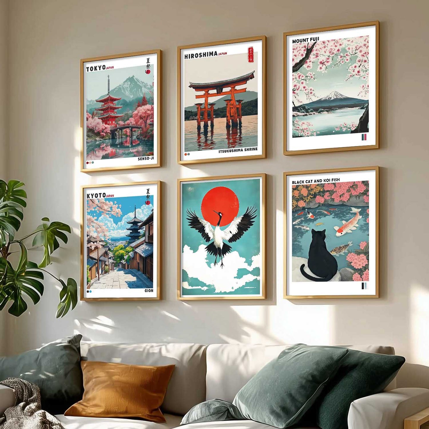 Japanese Nature Art and City View Aesthetic Wall Art Paintings with Frame for Living Room Bedroom
